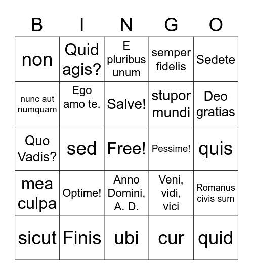 Latin Bingo 21-25 Bingo Card