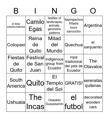 Cultura - Chapter 5 Lesson 1,2 Bingo Card