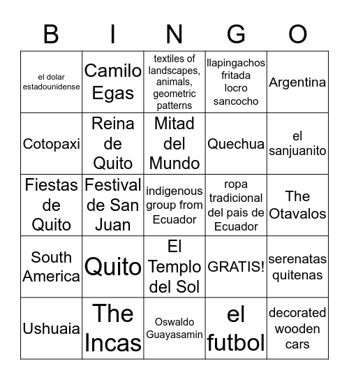 Cultura - Chapter 5 Lesson 1,2 Bingo Card