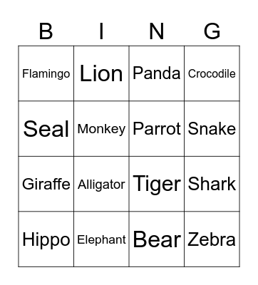 Animals Bingo Card