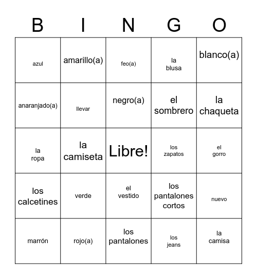 La Ropa y Los Colores Bingo Card