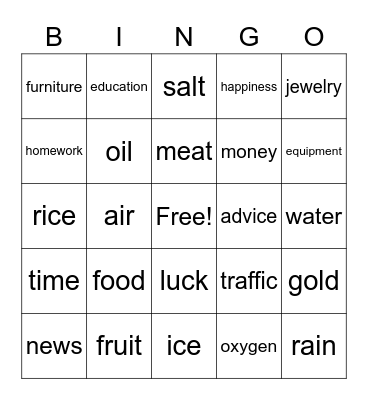 Non Count Nouns Bingo Card