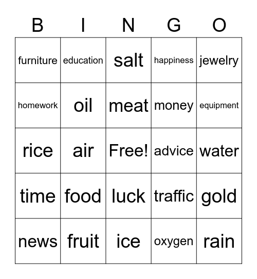 Non Count Nouns Bingo Card