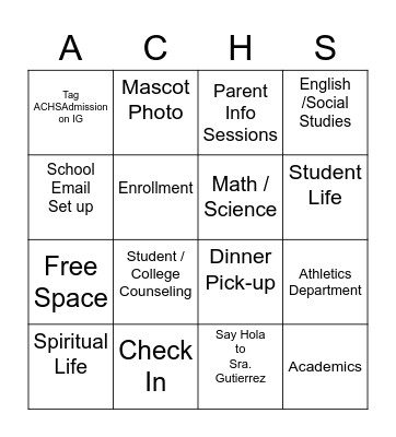Accepted Student Night Bingo Card
