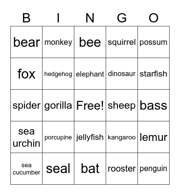 Les animaux Bingo Card