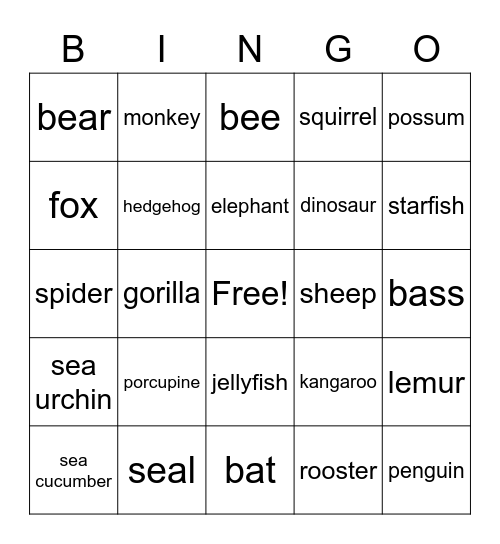 Les animaux Bingo Card