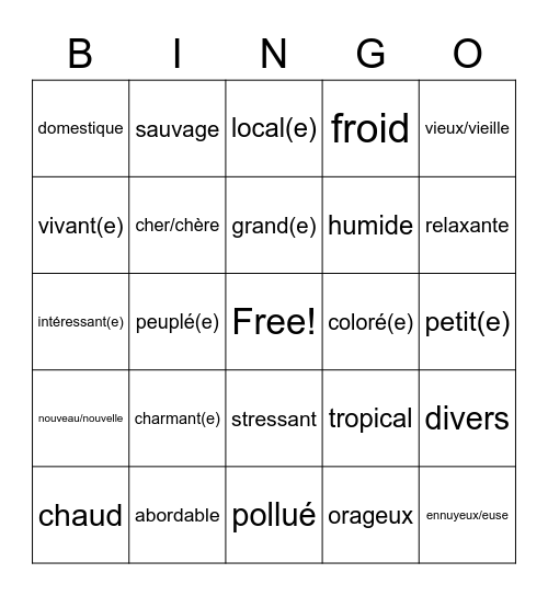 Martinique les adjectives Bingo Card