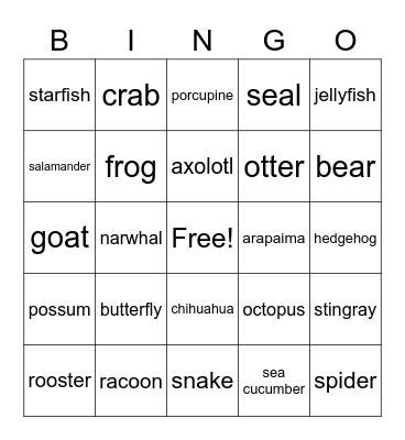 Les animaux Bingo Card