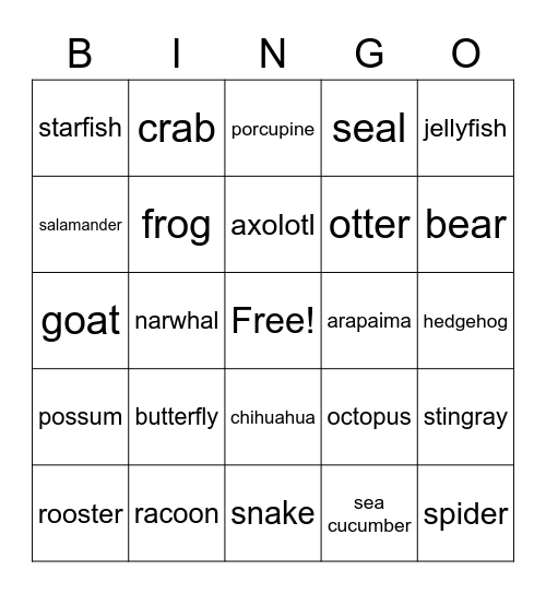 Les animaux Bingo Card