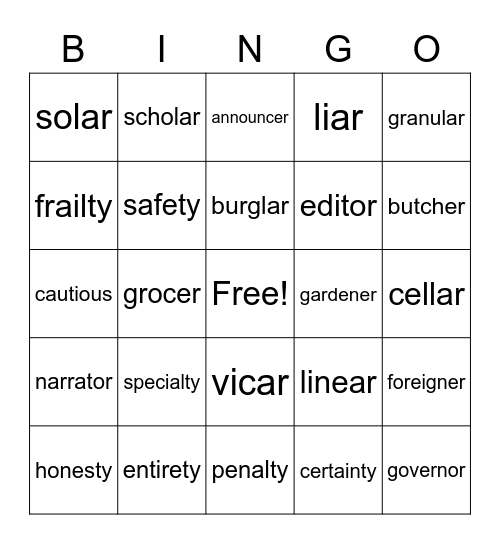 Word Study Bingo Card