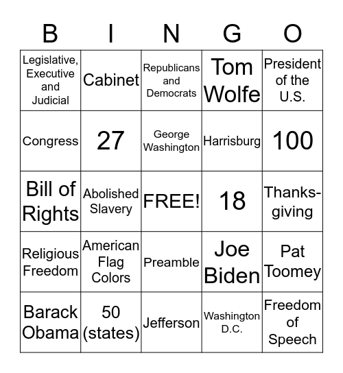 U.S. History and Citizenship Bingo Card
