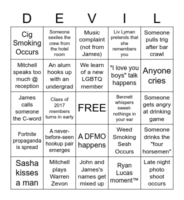 Saul Prichards Weekend Bingo Card