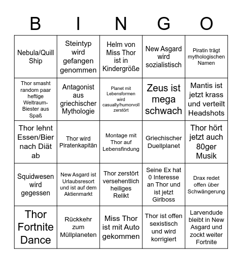 Thor Love and Thunder Bingo Card