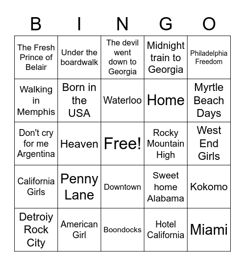 Take me there Bingo Card