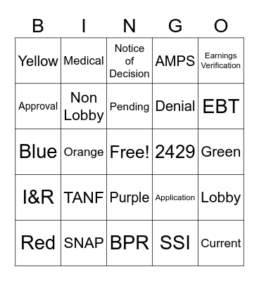 Welfare Bingo Card