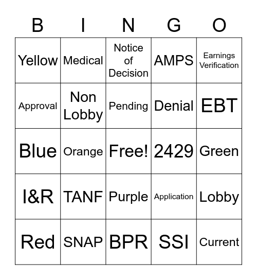Welfare Bingo Card