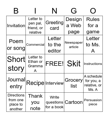 WORK ON WRITING! Bingo Card