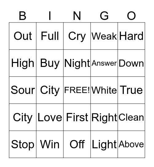 Antonym Bingo Card