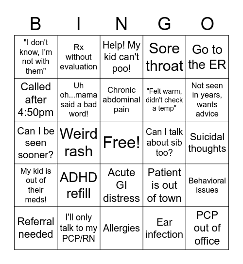 Triage Bingo Card