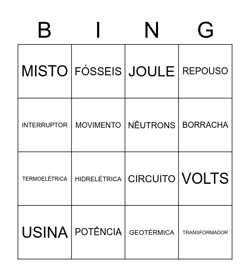 ELETRICIDADE Bingo Card