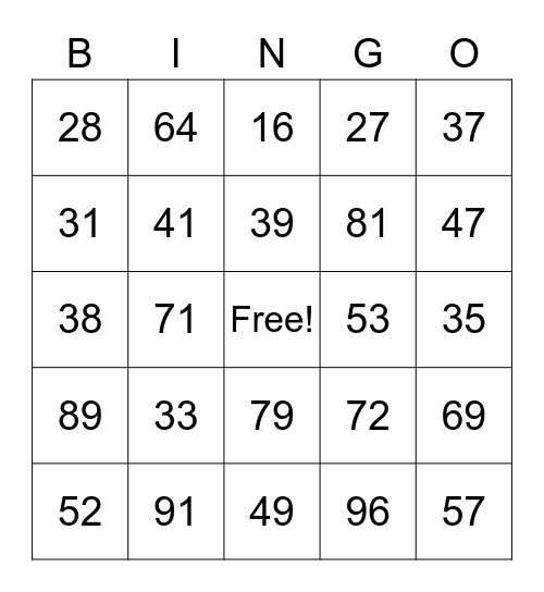 NUMBER Bingo Card