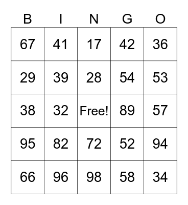 NUMBER BINGO Card