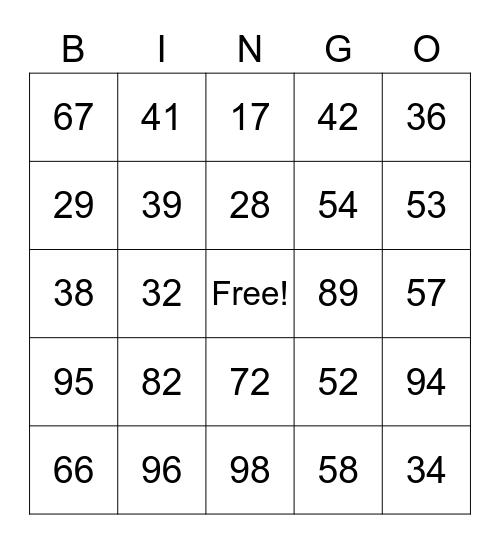 NUMBER BINGO Card