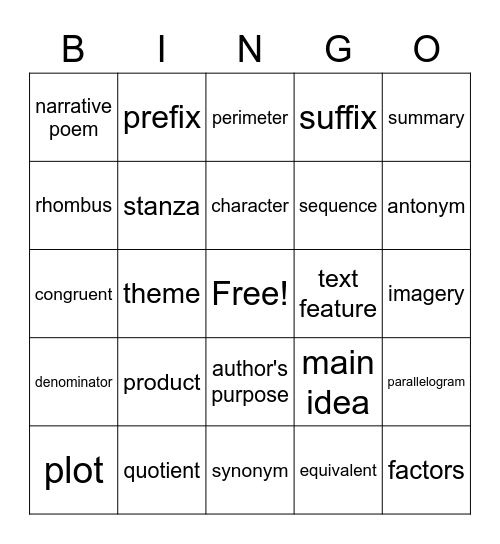 STAAR Vocabulary Bingo Card