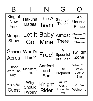 Disney/TV Bingo Card