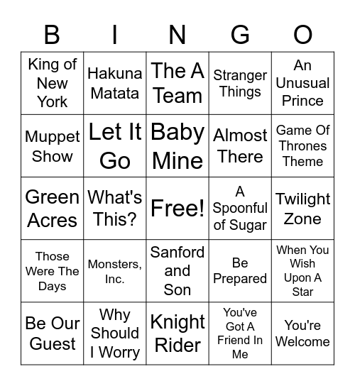 Disney/TV Bingo Card