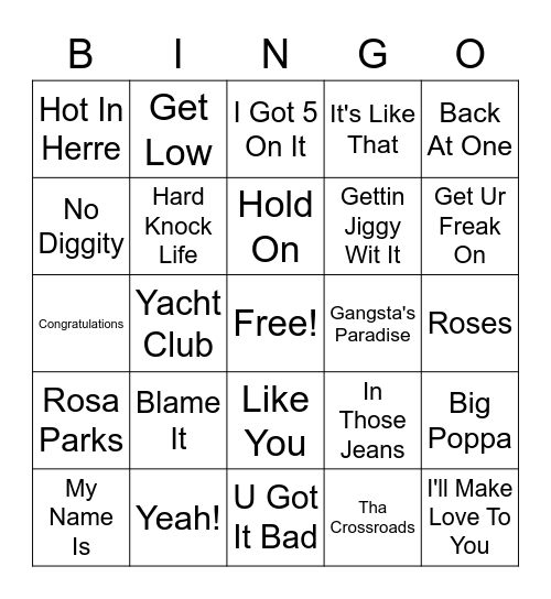 Rap/Hip-Hop/R&B Bingo Card