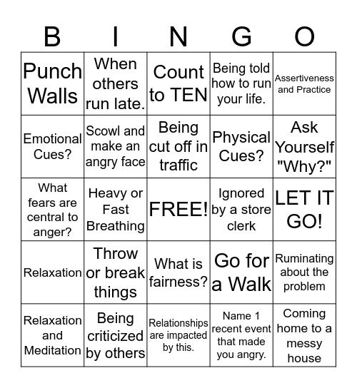 Anger Bingo Card