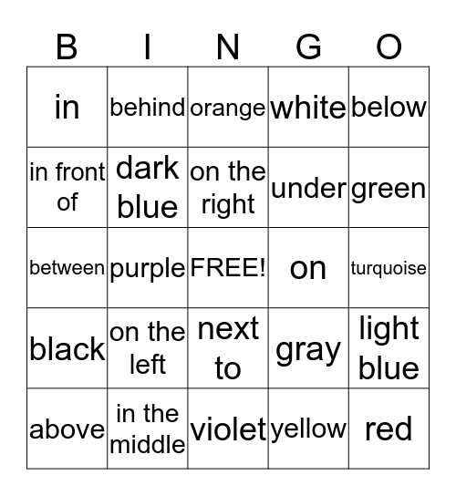 Prepositions Bingo Card