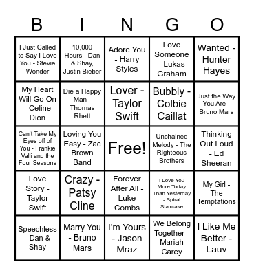 Love Songs Bingo Card