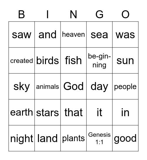 In the Beginning- Genesis 1:1 Bingo Card