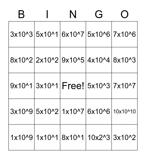 Exponents Bingo Card