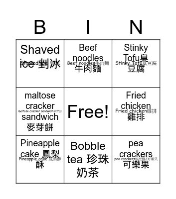 Food Bingo Card