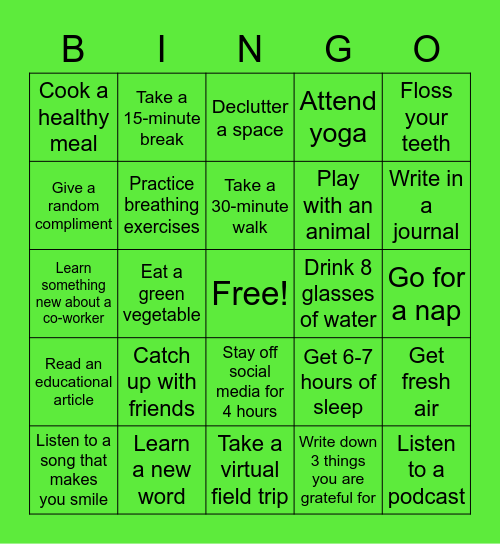 Daily Wellness Bingo Card