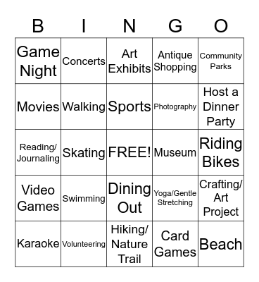 Leisure Awareness Bingo Card