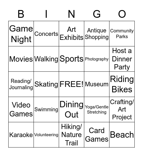 Leisure Awareness Bingo Card