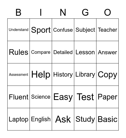 School terms Bingo Card