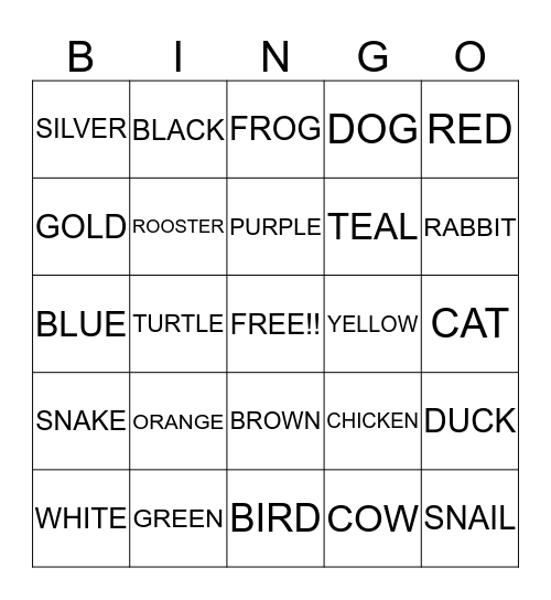 COLORS AND ANIMALS Bingo Card
