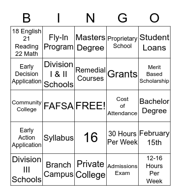 College Terms Bingo! Bingo Card