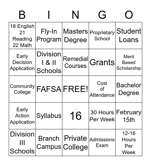 College Terms Bingo! Bingo Card