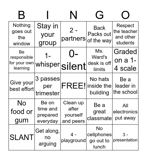 Class Rules and Expectations Bingo Card