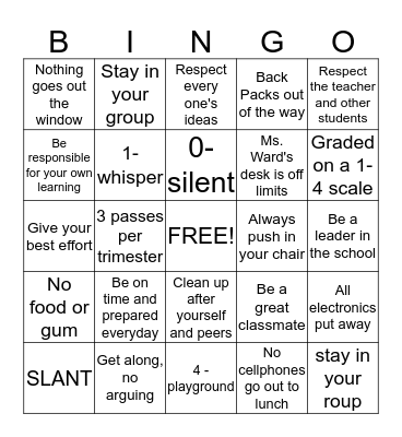 Class Rules and Expectations Bingo Card