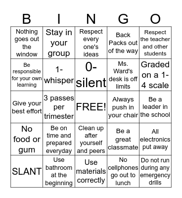 Class Rules and Expectations Bingo Card