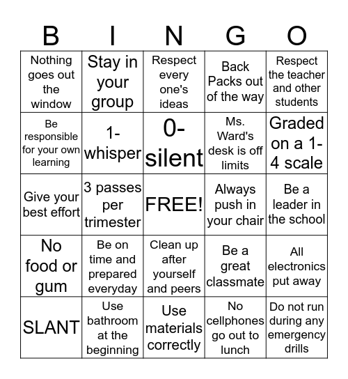 Class Rules and Expectations Bingo Card