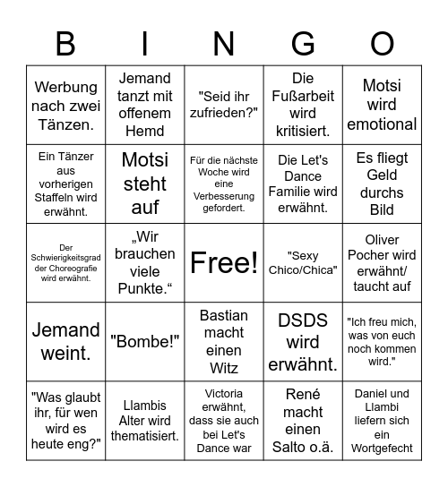 Let's Dance Mädelsabend Bingo Card