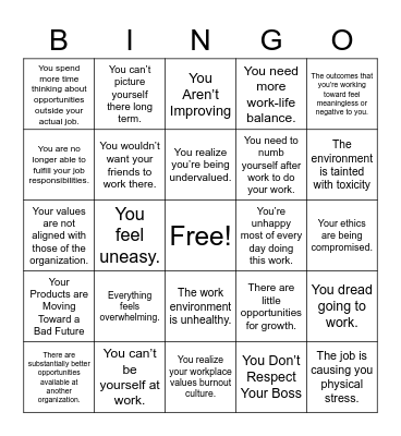 Burnout Bingo Card